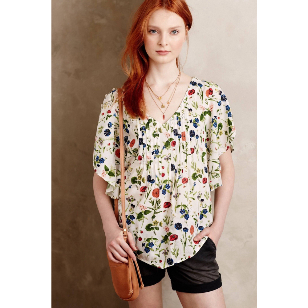 Anthropologie Maeve Maya Wildflower Floral Button Shoulder Flutter Sleeve Top 8
